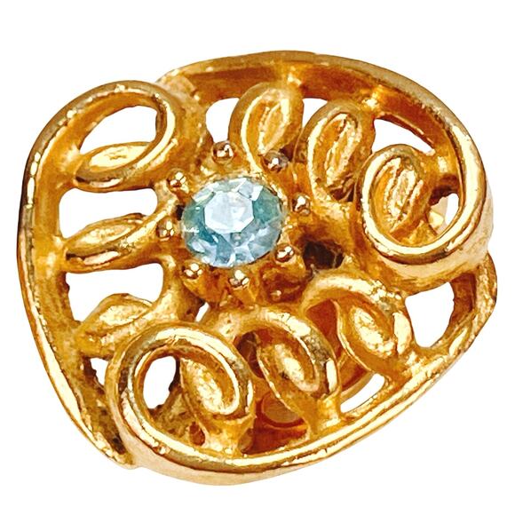 Vintage Mid Century Gold Tone Clip On Earrings Blue Rhinestone 1950s 1960s - Picture 3 of 10